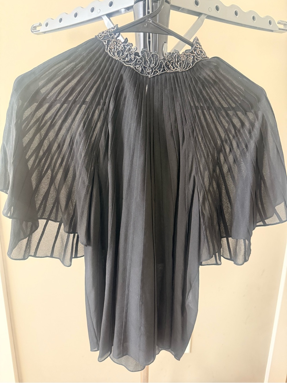 Chloe Black Pleated Cape-Sleeve Blouse with Beaded Neck